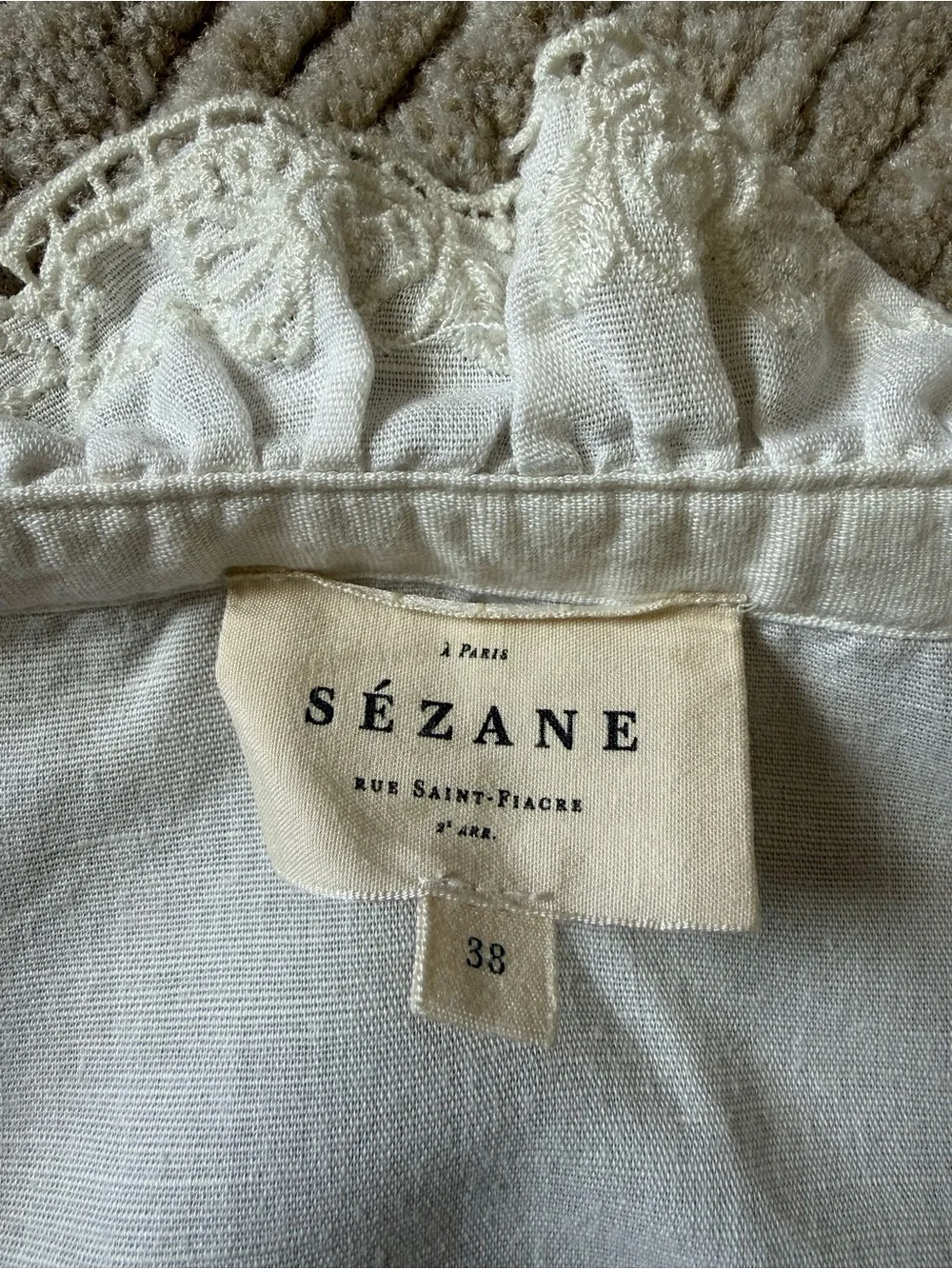 Sézane Lilia Blouse White Linen Cotton Embroidered Lace Ruffle Collar FR38 US6 - Picture 8 of 11